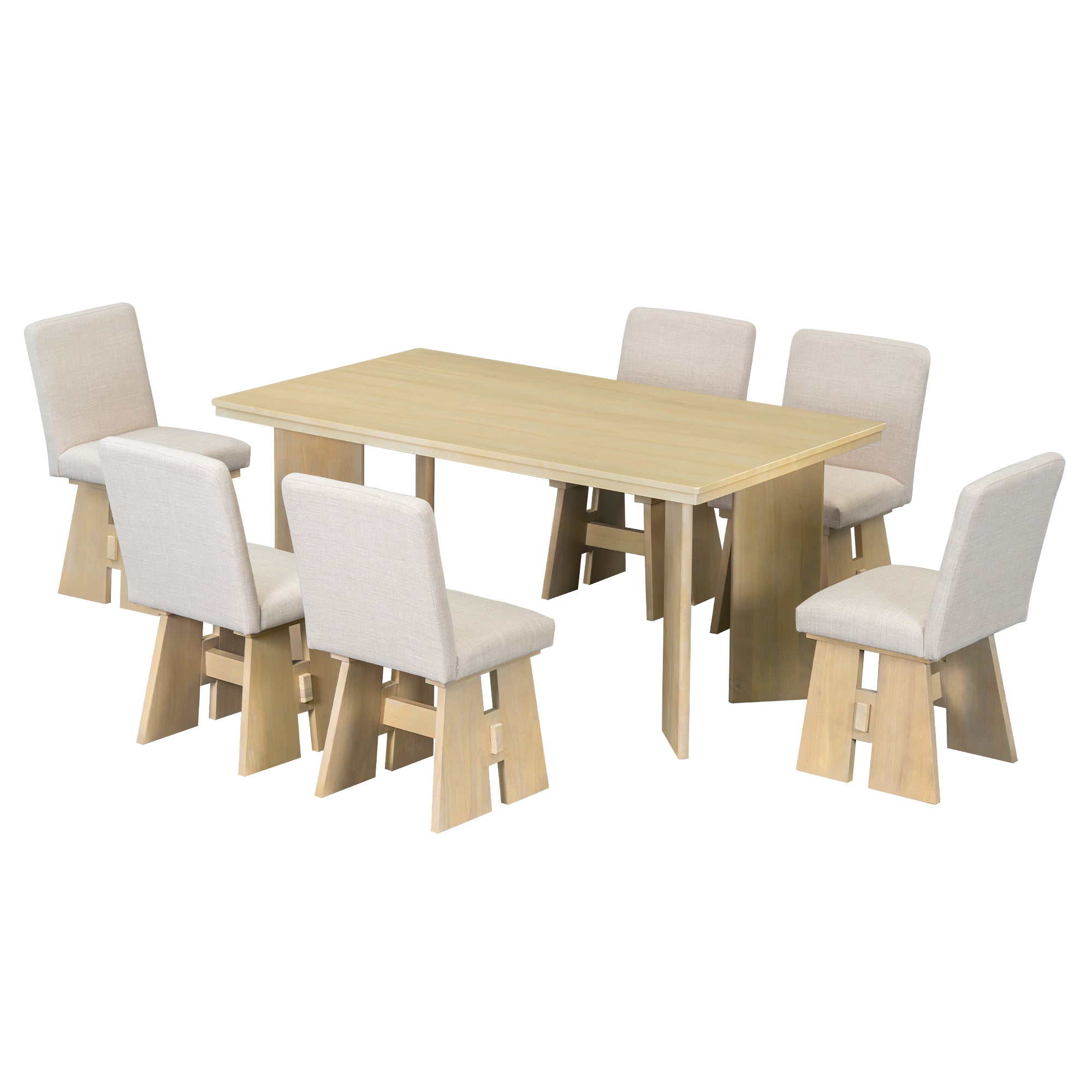 TOPMAX 7-Piece Solid Rubberwood Dining Set: 63.4" Natural Table &amp; 6 Upholstered Beige Chairs for Dining Rooms, Space-Saving Tuck-Away Design, Seats 6, Modern Farmhouse Style