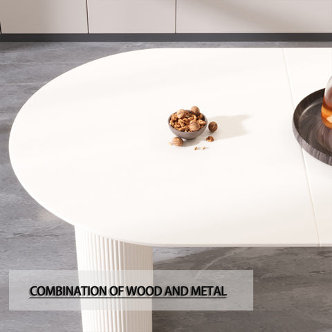 63" Cream MDF Dining Table Set for 6: Modern PU Armless Chairs with Silver Metal Legs, Mid-Century Style, Stain-Resistant Top, Ideal for Home Kitchen & Dining Room Gatherings