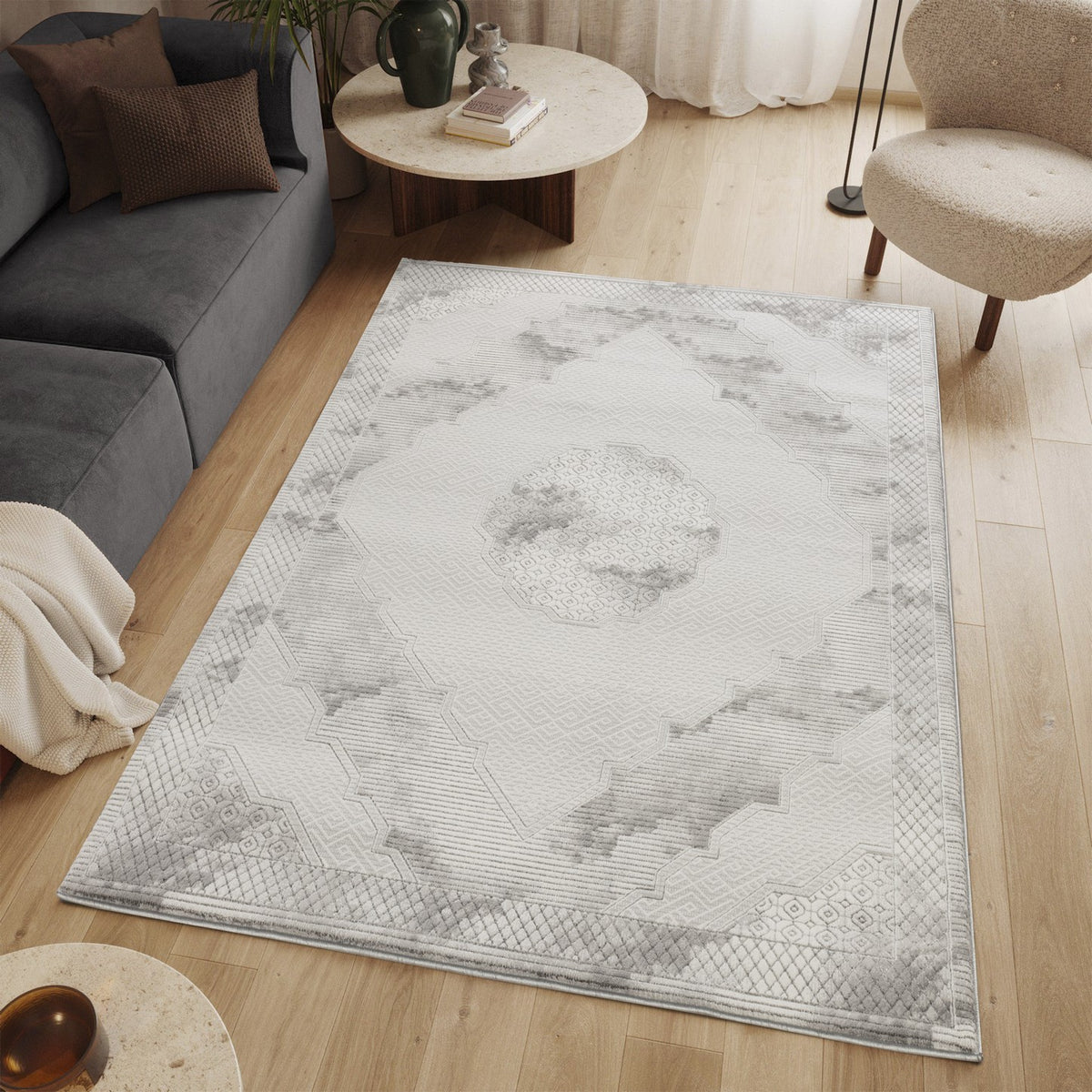 Geometrix 5'3" x 7'3" Gray &amp; Ivory Medallion Area Rug - Soft Polyester Pile, Durable &amp; Stain Resistant for Living Room, Bedroom, High Traffic Areas, Made in Turkey