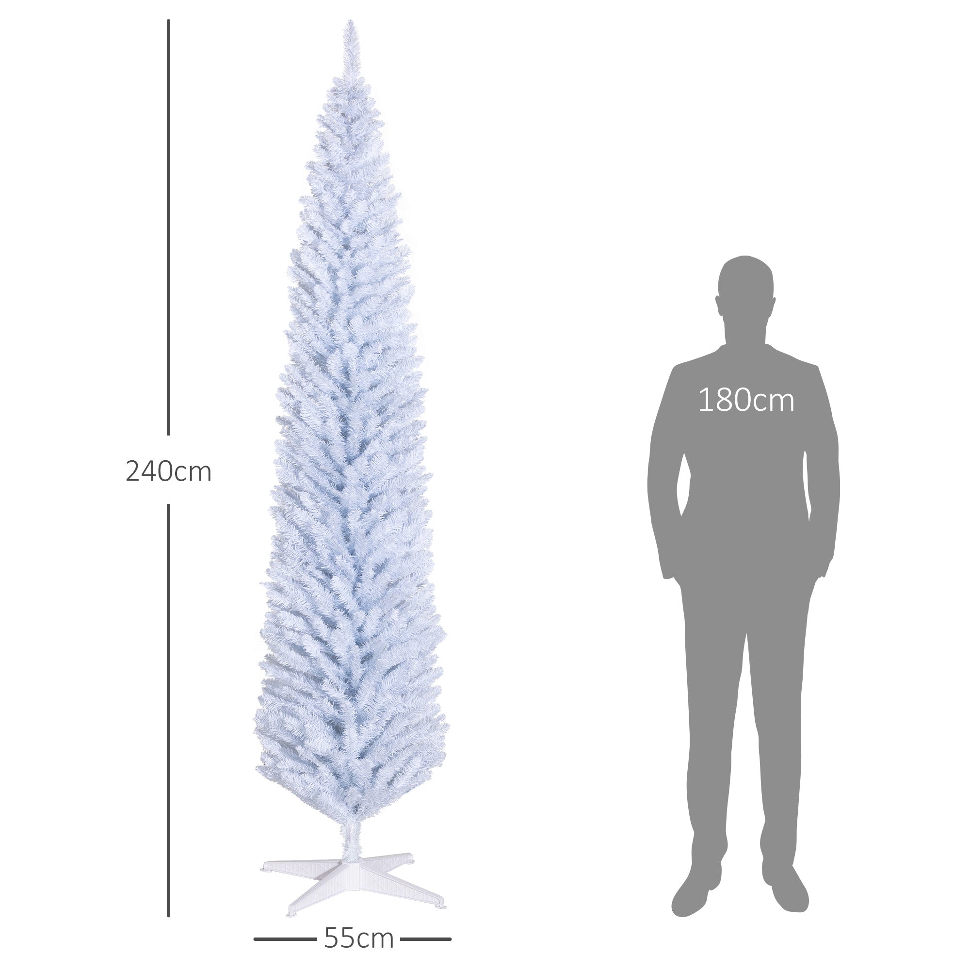 HOMCOM 8ft White Slim Pencil Christmas Tree - Unlit Artificial Xmas Tree with 618 Realistic Branch Tips &amp; Sturdy Plastic Stand for Cozy Home &amp; Holiday Decor