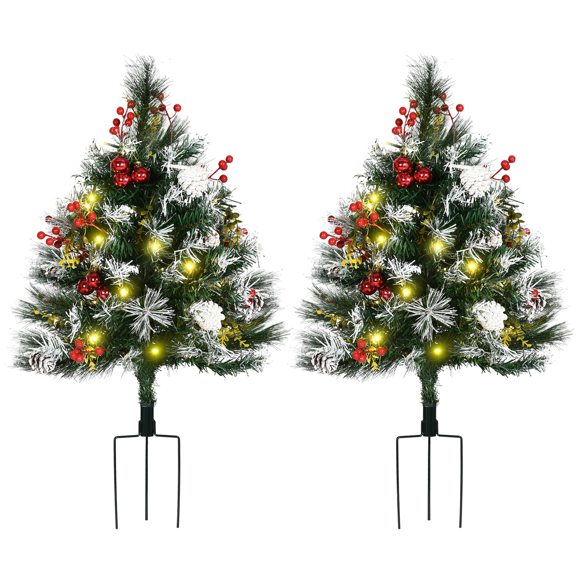 HOMCOM 2 Pack 2.5 Ft Pre-Lit Artificial Christmas Trees for Outdoor Entryway, Cordless Warm White LED, Berries, Pine Cones, Balls, Green Plastic, 70 Branches