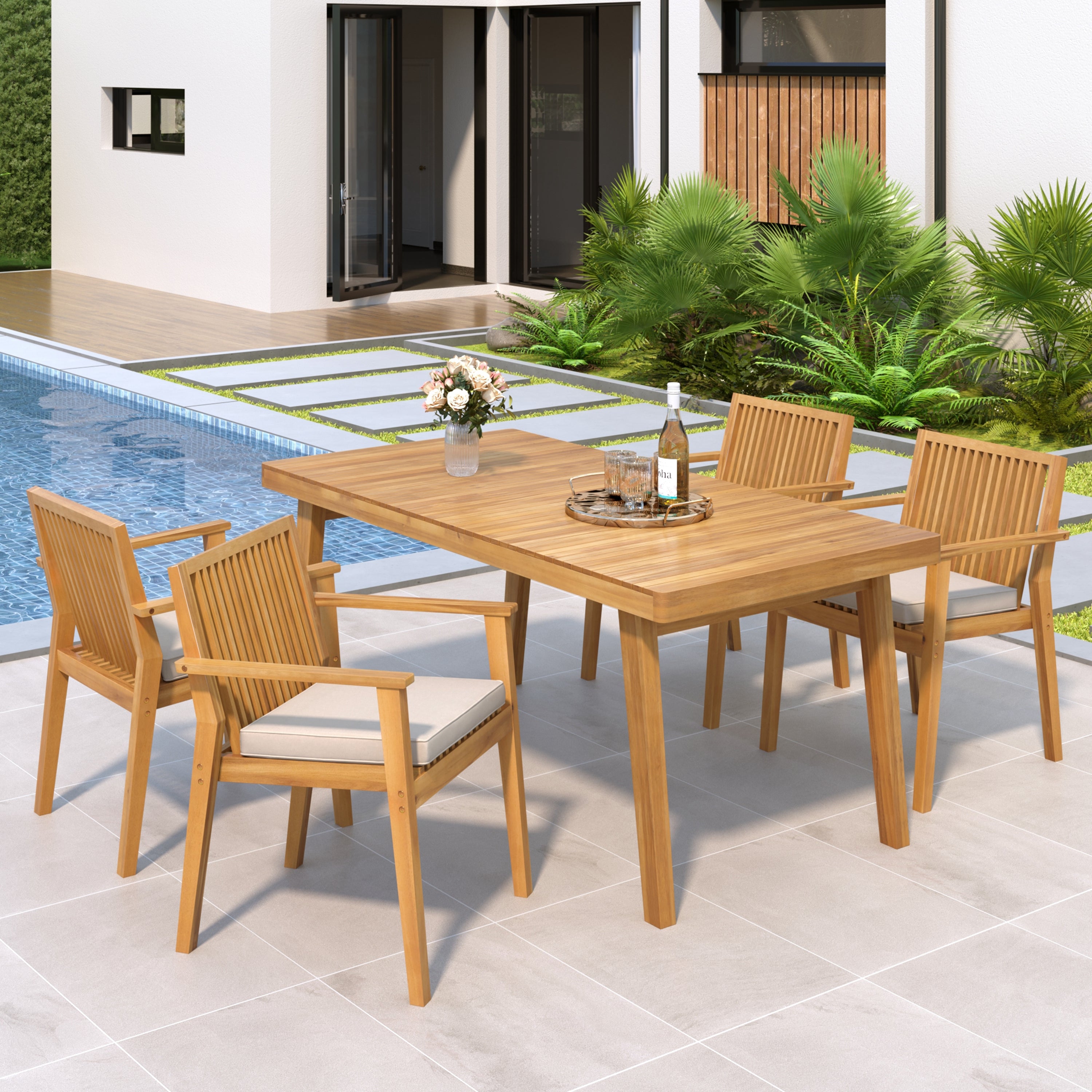 Durable 5-Piece Acacia Wood Patio Furniture Set: Natural Table & 4 Beige Cushioned Chairs for Outdoor Dining, Garden, Deck - Heavy-Duty, All-Weather, 69" Table, 400lb Chairs