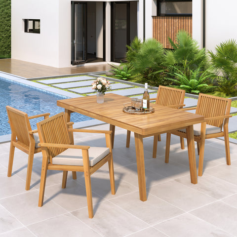 Durable 5-Piece Acacia Wood Patio Furniture Set: Natural Table & 4 Beige Cushioned Chairs for Outdoor Dining, Garden, Deck - Heavy-Duty, All-Weather, 69" Table, 400lb Chairs