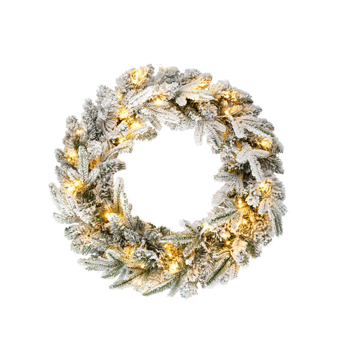 Snow Flocked Christmas Wreath, Garland & 6ft Tree 3-Pack Decor Set | Warm White LED Lights | 900-Tip PVC/PE Tree | Indoor/Covered Outdoor Use | Festive Winter Wonderland Ambiance