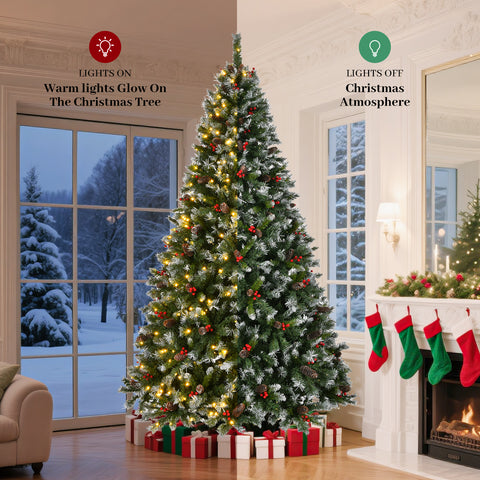 9ft Pre-Lit Pre-Decorated Pine Christmas Tree: 1740 Flocked Frosted Tips, 103 Pine Cones, 309 Red Berries, 600 Lights, Metal Base. Lush Green PVC for Home, Office Holiday Parties. Easy Setup.