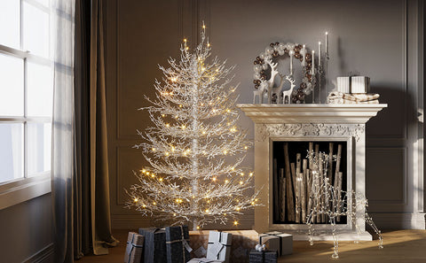 4FT Snow Flocked Aspen Fir Artificial Christmas Tree - Hinged, 280 Tips, 230 Warm White LED Lights, Coral White for Home, Party & Holiday Decor