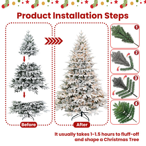 7.5ft Pre-Lit Flocked Christmas Tree: 650 Warm White Incandescent Lights, 3135 Snowy Tips, Realistic PE+PVC Pine, Memory Wire Branches, Foldable Metal Stand for Festive Home Decor