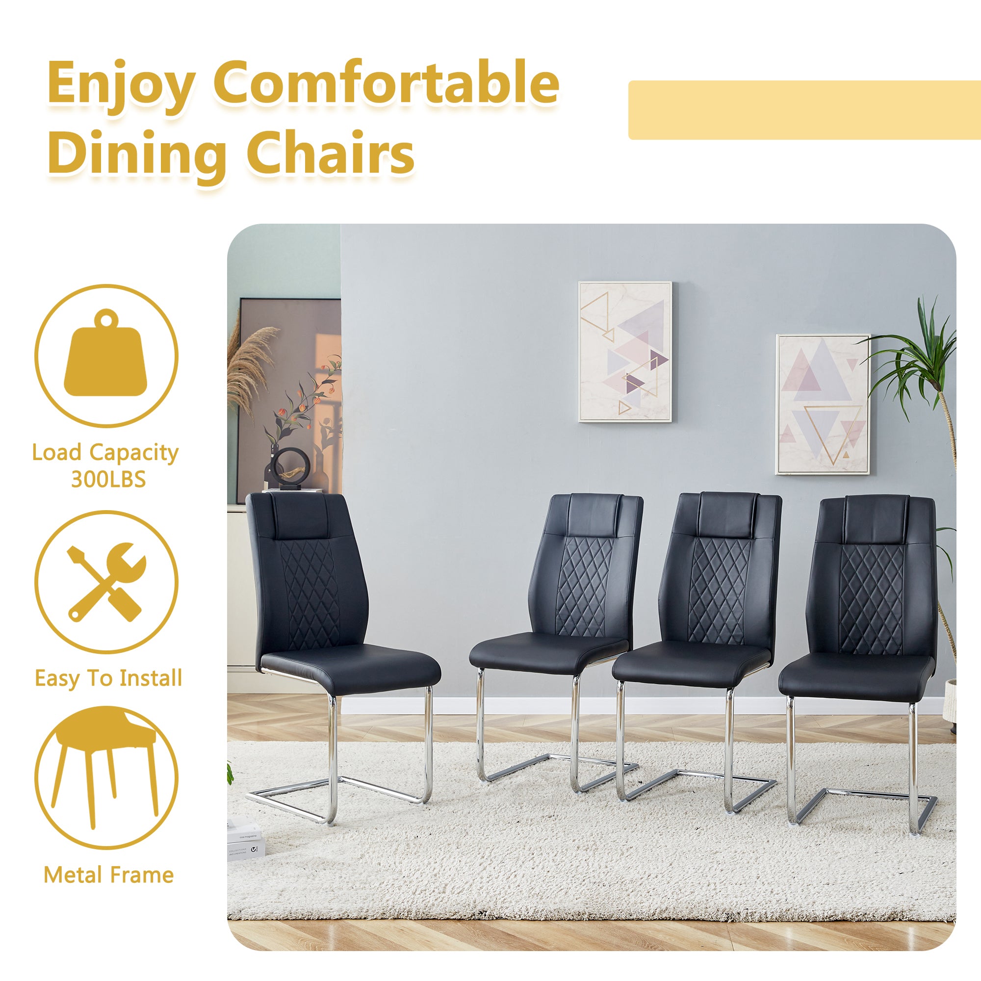 55" Cream-Style White MDF Dining Table Set with 6 Black PU Chairs & Silver Metal Legs - Modern Kitchen Furniture for Family Meals, Seats 6, Durable & Easy Assembly