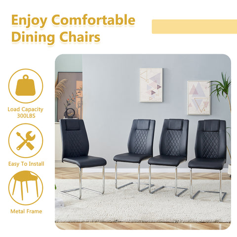 55" Cream-Style White MDF Dining Table Set with 6 Black PU Chairs & Silver Metal Legs - Modern Kitchen Furniture for Family Meals, Seats 6, Durable & Easy Assembly