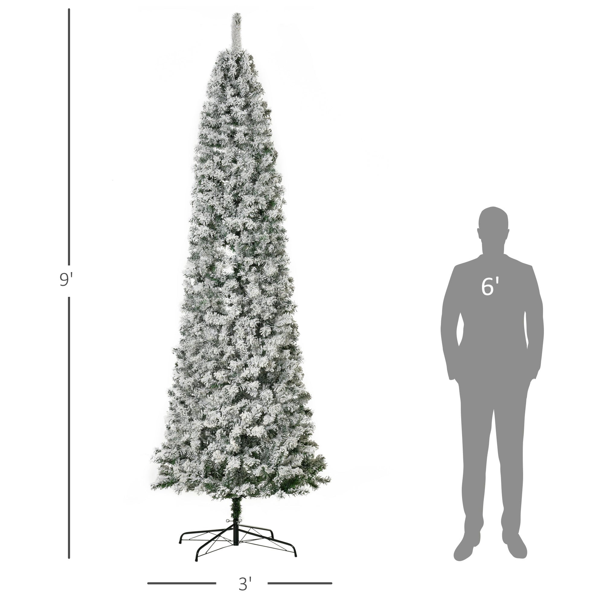 HOMCOM 9ft Snow-Flocked Slim Douglas Fir Artificial Christmas Tree, 550 Warm White LED Lights, 988 Realistic PVC Tips, Hinged Design, Sturdy Steel Base for Indoor Holiday Decor