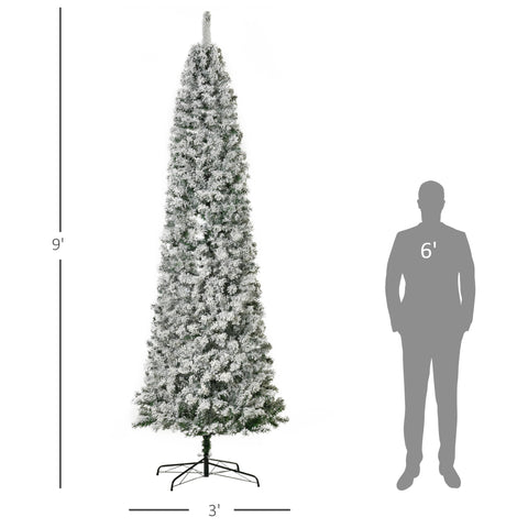 HOMCOM 9ft Snow-Flocked Slim Douglas Fir Artificial Christmas Tree, 550 Warm White LED Lights, 988 Realistic PVC Tips, Hinged Design, Sturdy Steel Base for Indoor Holiday Decor