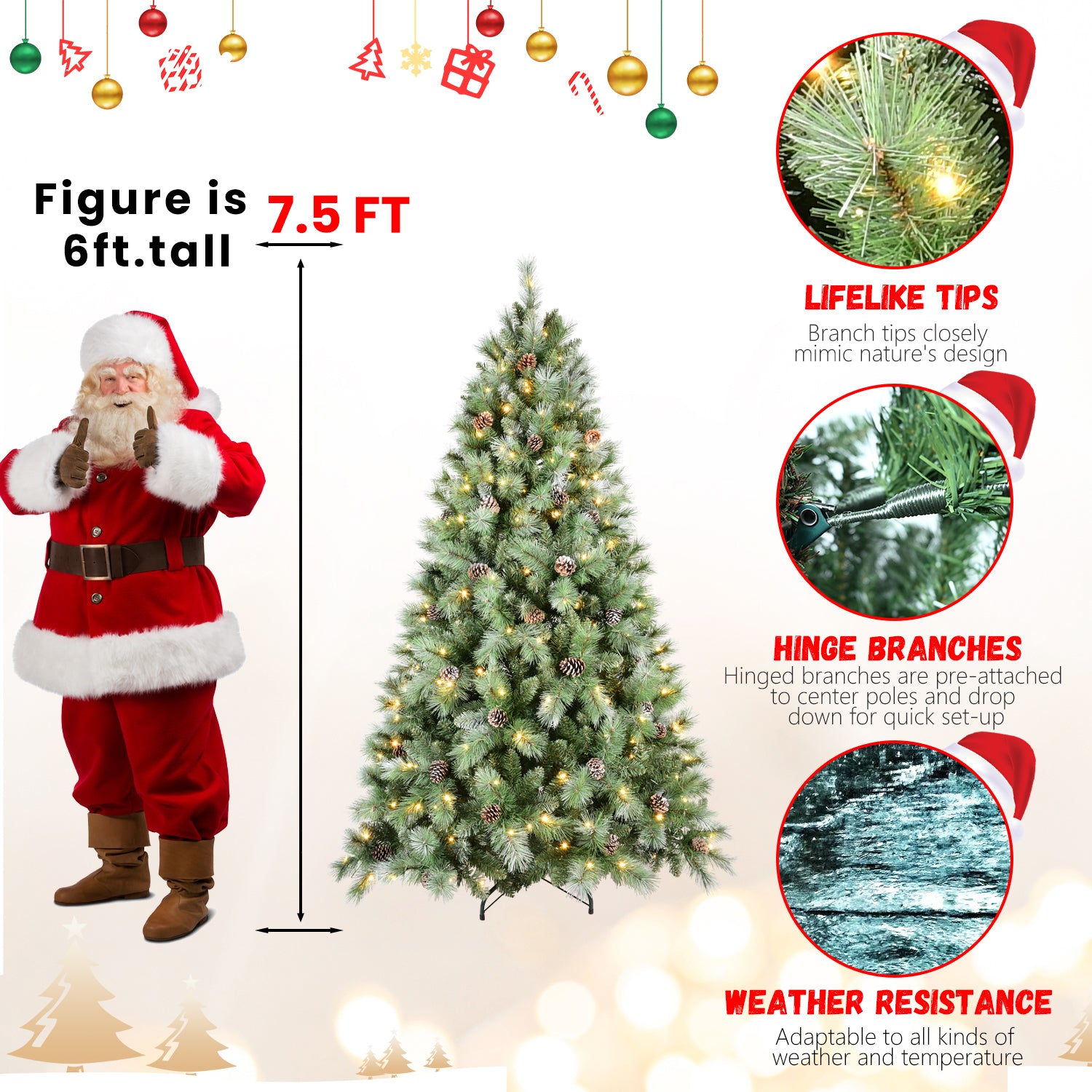 7FT Full Realistic Christmas Tree | 1348 PVC & Hard Needle Tips, 82 Pine Cones | 400 Warm White LED Lights | Hinged Branches | Sturdy Metal Stand | Lush Green Holiday Decor