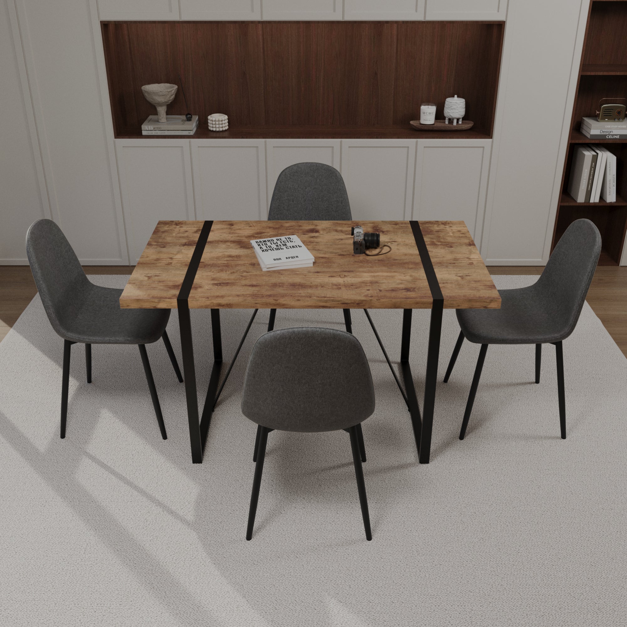 55" Dark Wood MDF Dining Table Set with 4 Grey Suede Chairs - Modern Industrial Rectangular Kitchen Table with Black Metal Base for Dining Room & Kitchen - Comfortable & Stylish