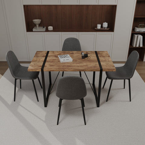 55" Dark Wood MDF Dining Table Set with 4 Grey Suede Chairs - Modern Industrial Rectangular Kitchen Table with Black Metal Base for Dining Room & Kitchen - Comfortable & Stylish