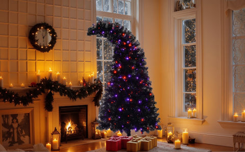 6ft Black Artificial Christmas Tree with LED Lights: Whimsical Hat-Shaped, 900 PET Tips, 250 Orange/Purple Lights, Hinged Branches, Metal Stand for Indoor Holiday Decor