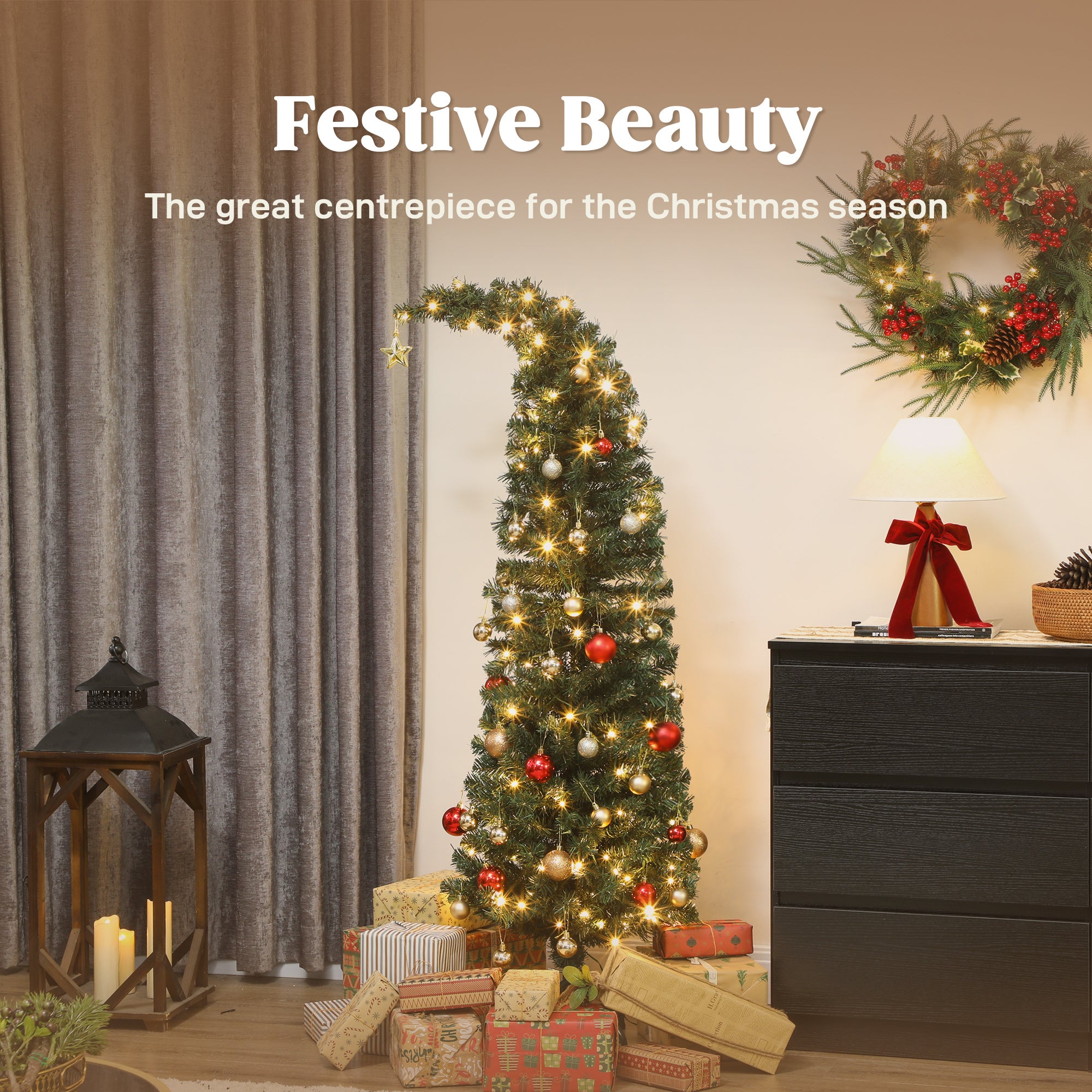 5ft Slim Green High Mountain Fir Christmas Tree: Whimsical Bent Top, 100 Warm White LEDs, 246 Tips, Stable Metal Stand for Indoor Festive Decor