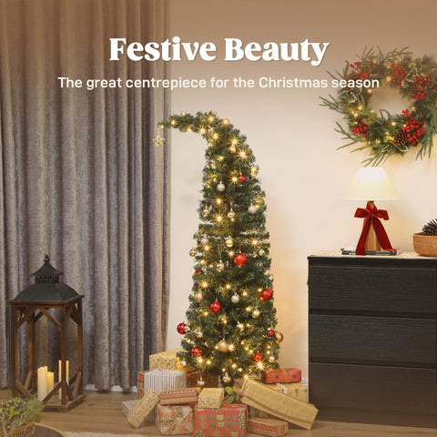 5ft Slim Green High Mountain Fir Christmas Tree: Whimsical Bent Top, 100 Warm White LEDs, 246 Tips, Stable Metal Stand for Indoor Festive Decor