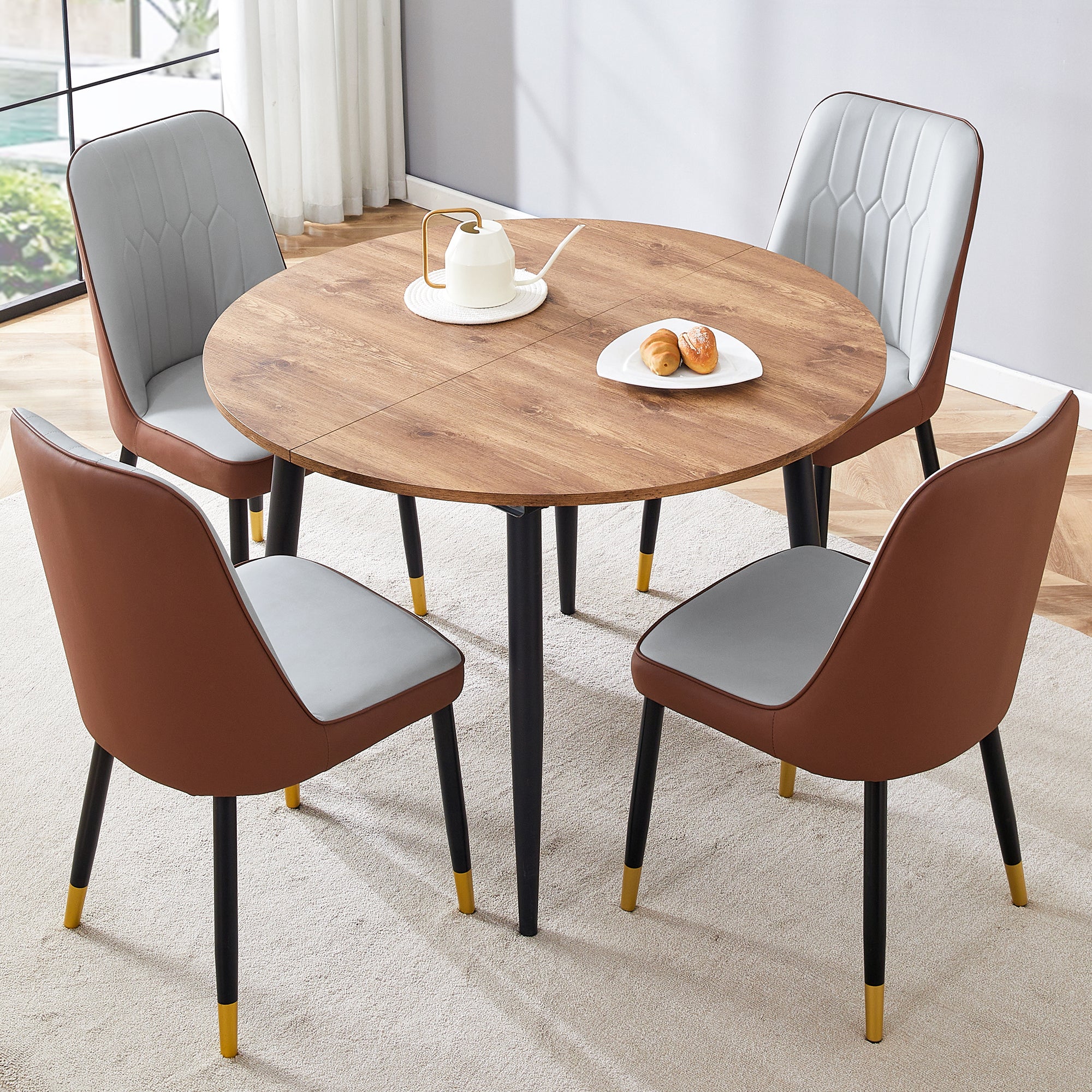 Modern Extendable Round Wood MDF Dining Table Set with 4 PU Cushioned Armless Chairs, Wood Brown, Seats 4, Perfect for Kitchen &amp; Dining Room Gatherings