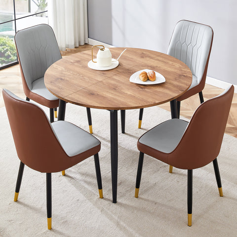 Modern Extendable Round Wood MDF Dining Table Set with 4 PU Cushioned Armless Chairs, Wood Brown, Seats 4, Perfect for Kitchen &amp; Dining Room Gatherings