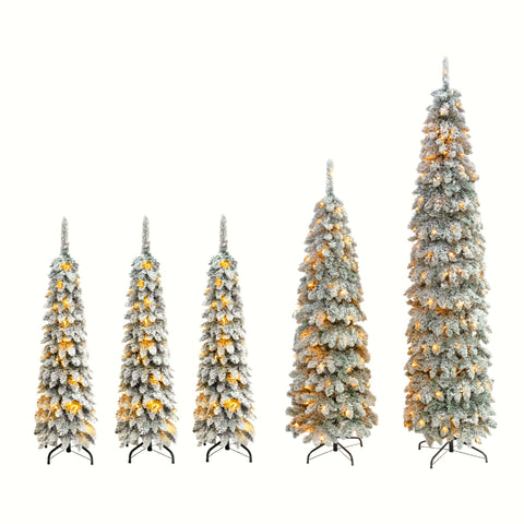 5-Set Pre-Lit Pencil Christmas Trees: 8ft, 6ft, 4ft Slim Artificial Trees w/ Snow Flocking, 350 LED Lights, 11 Modes, Realistic PVC, Indoor Holiday Decor