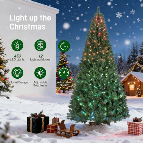 7.5ft Green Fir Christmas Tree with 450 RGB Dynamic LEDs & Remote Control: 1688 Tips, Hinged Design, Smart Timer for Festive Indoor Holiday Decor