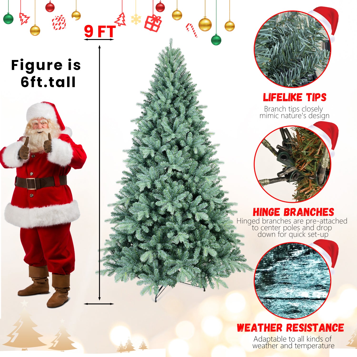 9FT Blue-Green Tint Christmas Tree - 3268 Tips, Hinged PE/PVC Branches, Full Natural Look, Stable Metal Stand for Indoor Holiday Home Decor