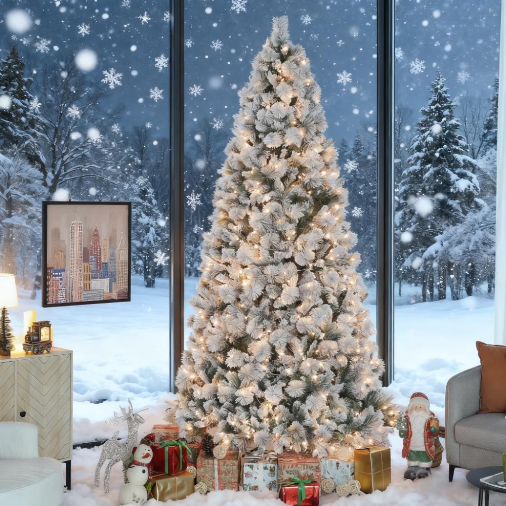 9ft Flocked Fir Christmas Tree with 750 Warm White Clear Lights - Realistic Snow-Dusted Artificial Tree for Cozy Indoor Holiday Home &amp; Office Decor