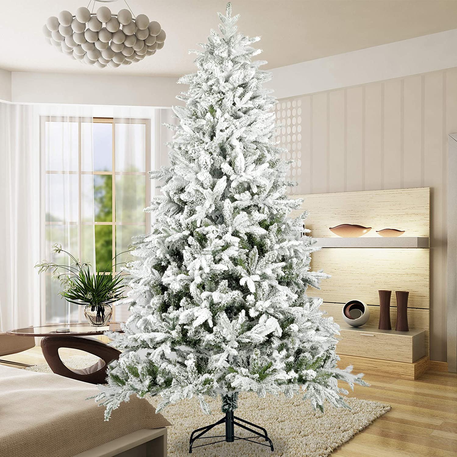 7ft Snow Flocked Artificial Christmas Tree - Realistic White Pine Tree with Hinged Branches & Sturdy Metal Stand for Home & Holiday Decor