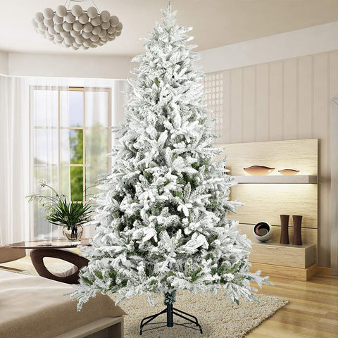 7ft Snow Flocked Artificial Christmas Tree - Realistic White Pine Tree with Hinged Branches & Sturdy Metal Stand for Home & Holiday Decor