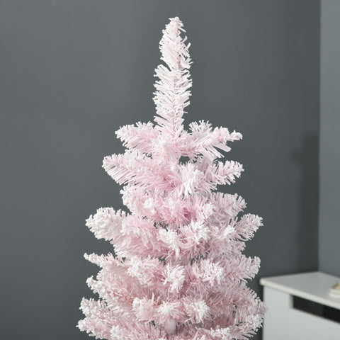 HOMCOM 5' Pink Snow Flocked Pencil Christmas Tree - Slim, Realistic Artificial Xmas Tree with Flame-Retardant Plastic Base for Indoor Holiday Decoration