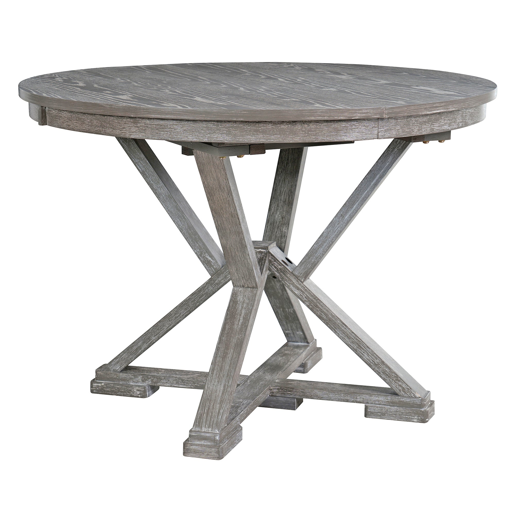 TREXM 5-Piece Extendable Round Dining Table Set for 4 - Vintage Grey Rubberwood & Linen Upholstered Chairs - 42"-54" Oval/Round Table for Kitchen, Dining Room, Living Room