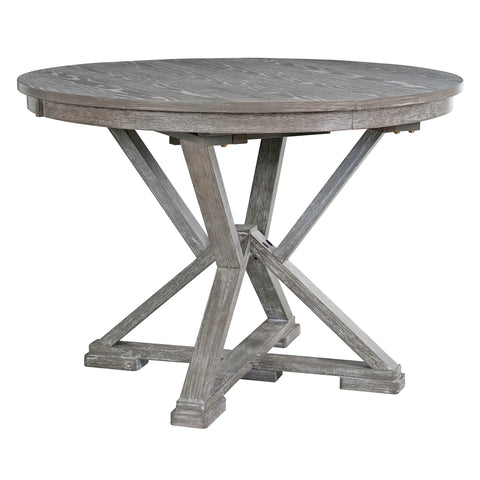 TREXM 5-Piece Extendable Round Dining Table Set for 4 - Vintage Grey Rubberwood & Linen Upholstered Chairs - 42"-54" Oval/Round Table for Kitchen, Dining Room, Living Room