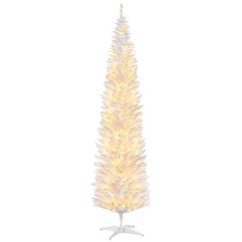 HOMCOM 8ft Slim Noble Fir Artificial Christmas Tree | 300 Warm White LEDs, 618 Tips | Realistic, Flame-Retardant Plastic, White | Indoor Home Decor, Fireplace Ambiance