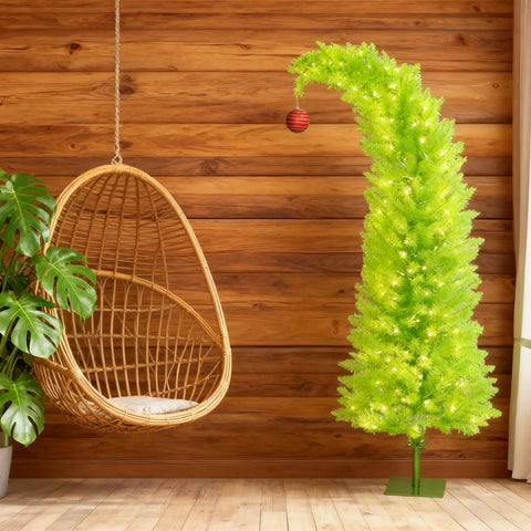 5ft Green Pencil Christmas Tree with Red Ball Top, 200 Warm White LEDs, 438 Tips, Metal Base - Perfect for Small Spaces, Living Rooms, Entryways, Festive Holiday Decor