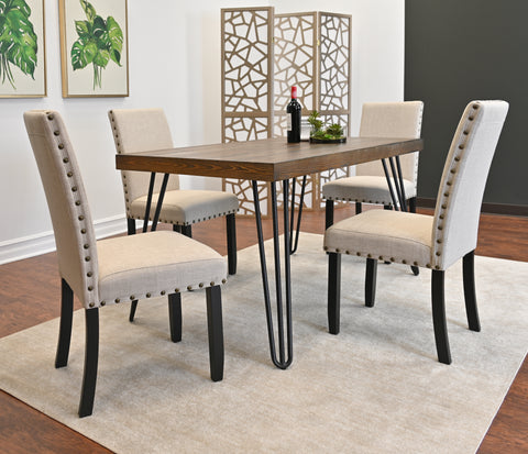 Amisos 5-Piece Dining Set: Rustic Dark Pine Hairpin Table & 4 Linen Upholstered Chairs with Brass Nailheads, Seats 4, Perfect for Dining Room Kitchen Nook, Durable Engineered Wood & Metal Construction