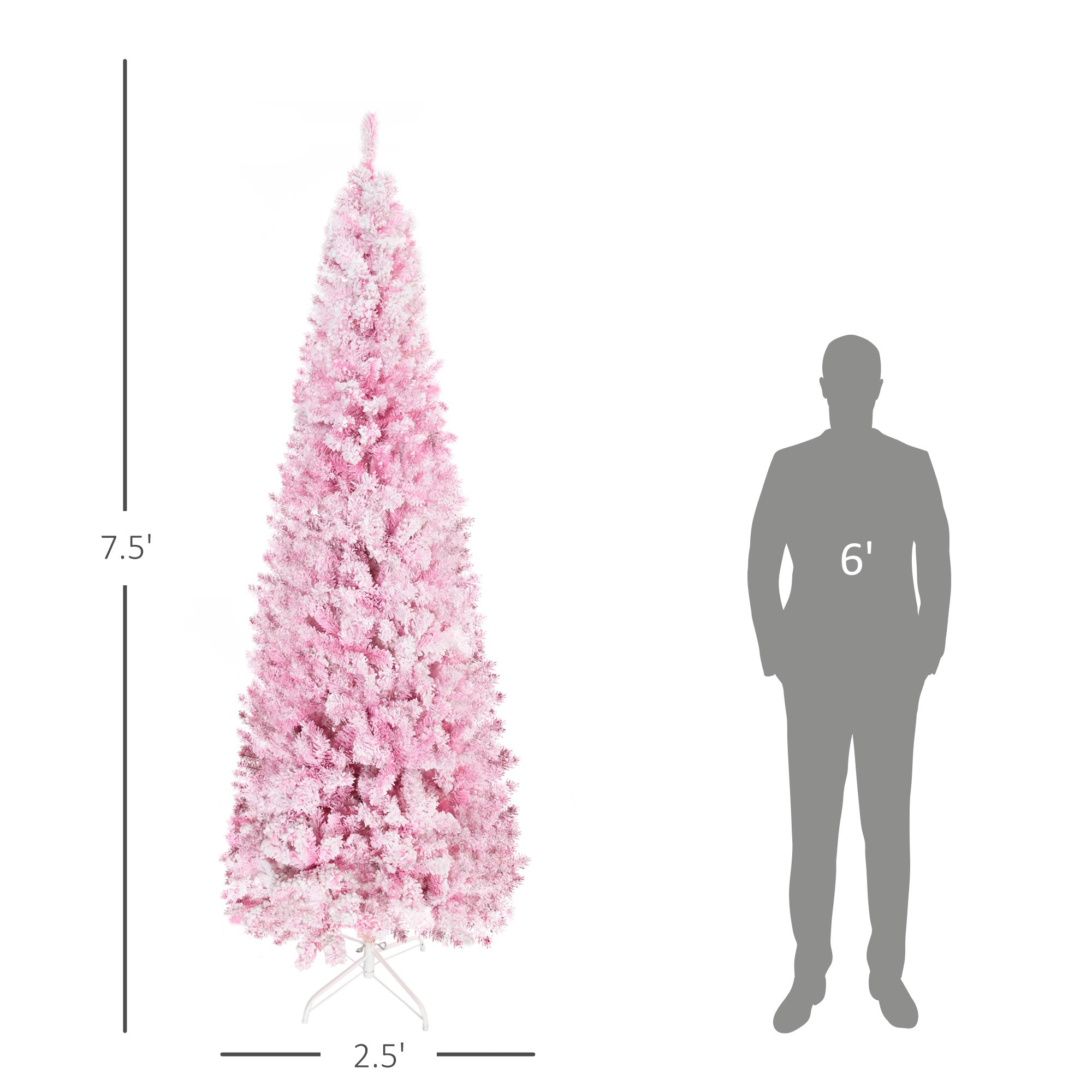 HOMCOM 7.5ft Pink Snow Flocked Pencil Christmas Tree: Realistic Slim Artificial Pine with Auto-Open, Flame-Retardant Plastic for Festive Home Decor & Holiday Ambiance
