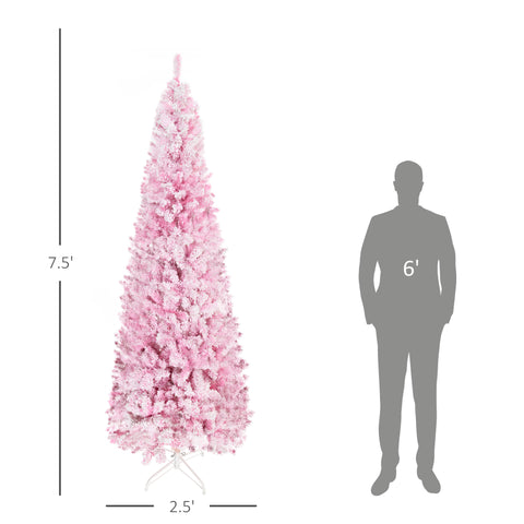 HOMCOM 7.5ft Pink Snow Flocked Pencil Christmas Tree: Realistic Slim Artificial Pine with Auto-Open, Flame-Retardant Plastic for Festive Home Decor & Holiday Ambiance