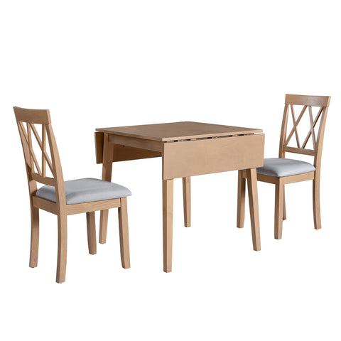 3-Piece Natural Drop Leaf Dining Set: Extendable Kitchen Table & 2 Upholstered Chairs for Small Spaces, Solid Rubberwood & MDF, Modern Farmhouse Style, Compact Dining Room Furniture