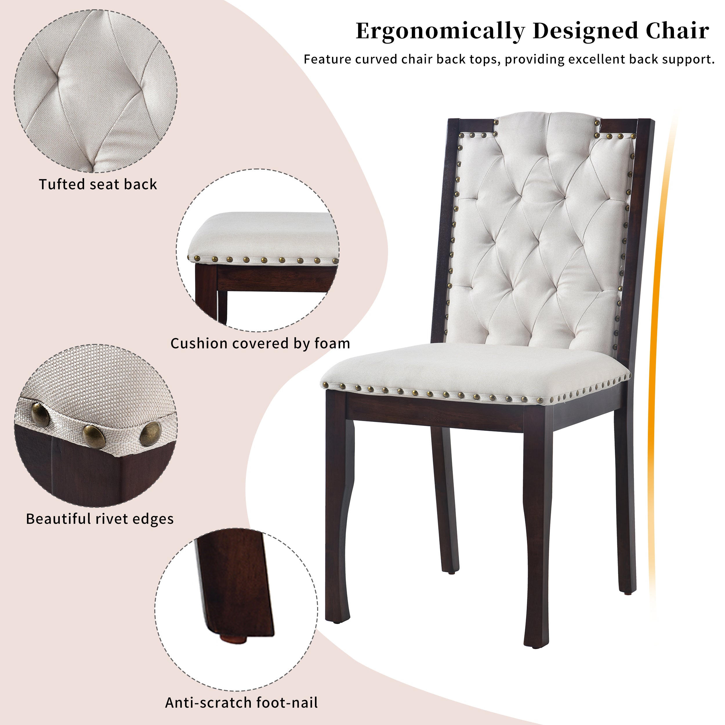 6-Piece Espresso Solid Wood Dining Table Set: 60" Rectangular Table, 4 High-Back Tufted Chairs & Bench, Seats 6 for Kitchen & Dining Room, Elegant Craftsmanship & Comfort