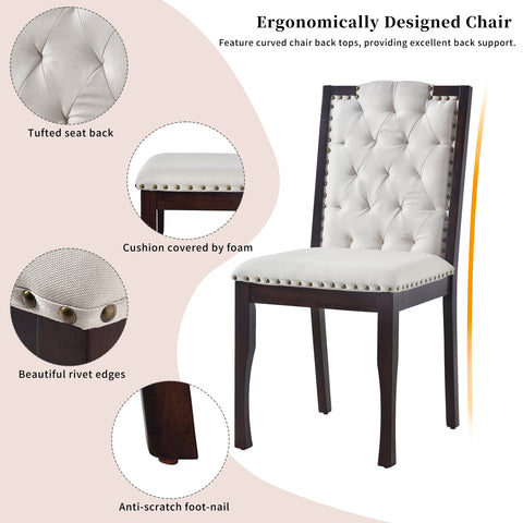 6-Piece Espresso Solid Wood Dining Table Set: 60" Rectangular Table, 4 High-Back Tufted Chairs & Bench, Seats 6 for Kitchen & Dining Room, Elegant Craftsmanship & Comfort