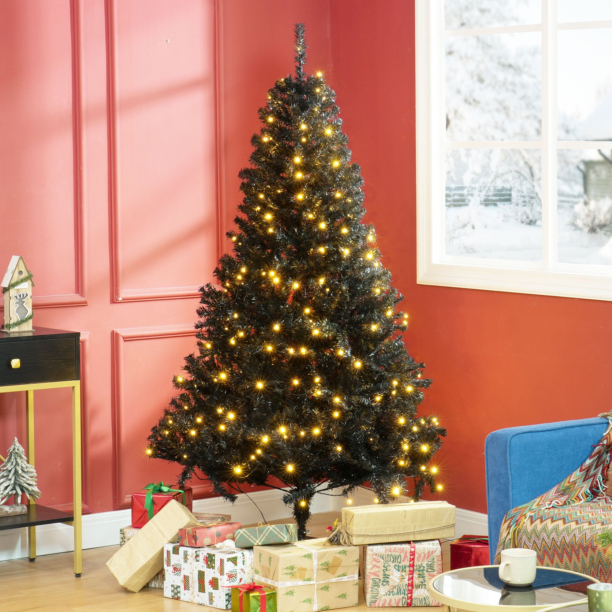 HOMCOM 6ft Black Douglas Fir Artificial Christmas Tree | 1000 Tips, 250 Warm White LED Lights | Realistic Plastic Branches, Sturdy Metal Base | Indoor Holiday Decor