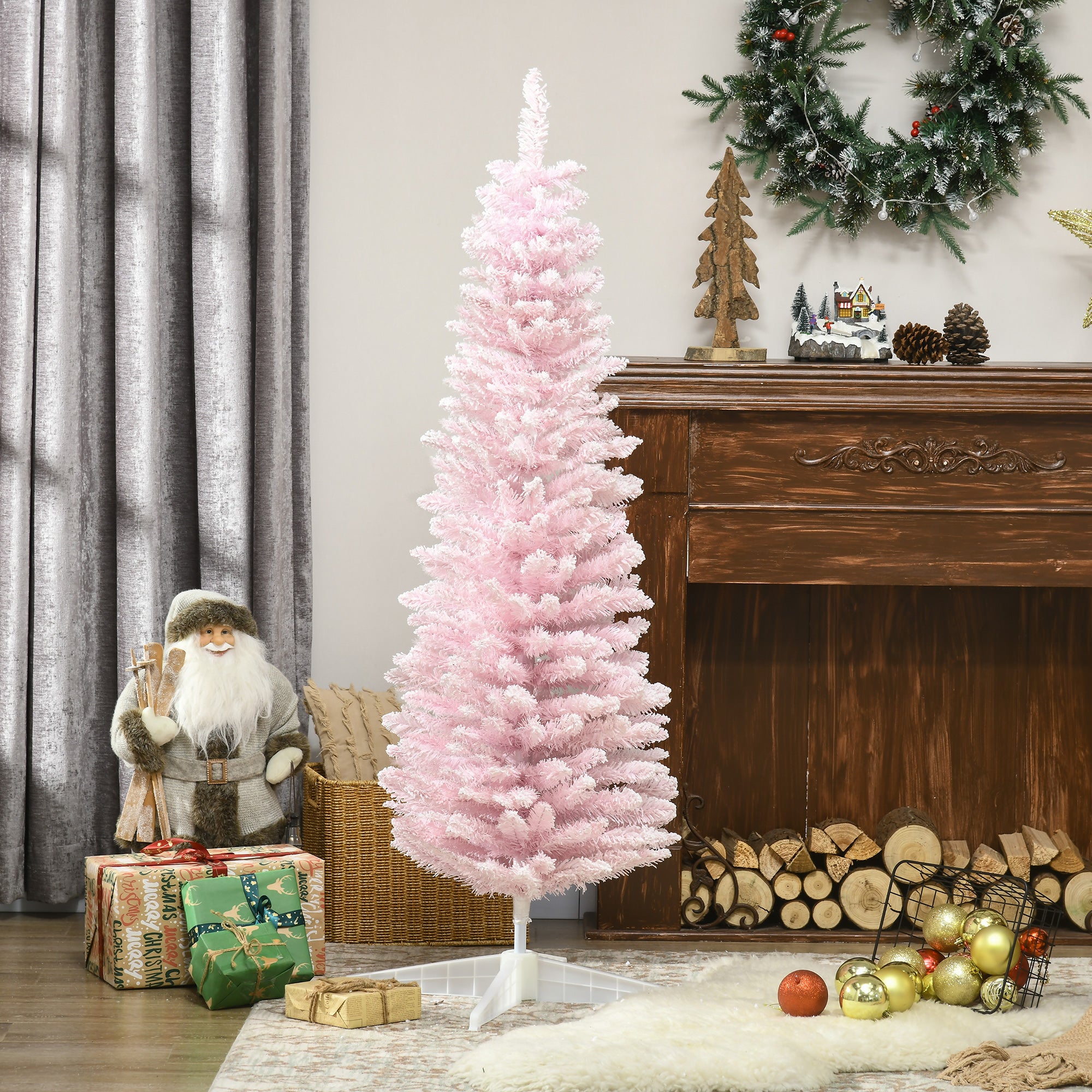 HOMCOM 5' Pink Snow Flocked Pencil Christmas Tree - Slim, Realistic Artificial Xmas Tree with Flame-Retardant Plastic Base for Indoor Holiday Decoration