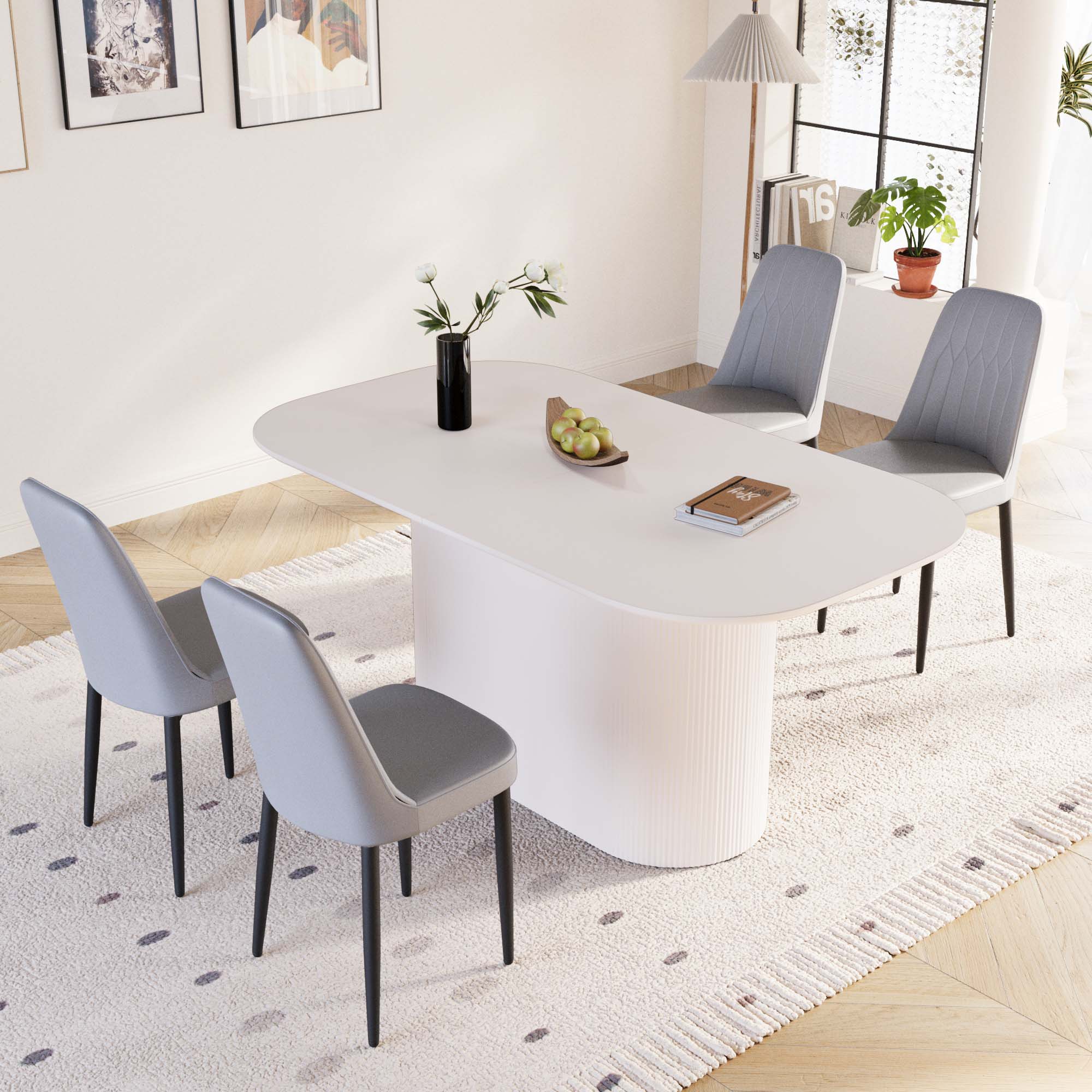 63" Cream Modern MDF Dining Table Set with 4 PU Leather Chairs, Black Metal Legs, Ergonomic Design, Stain-Resistant Tabletop, Perfect for Home Kitchen & Dining Room
