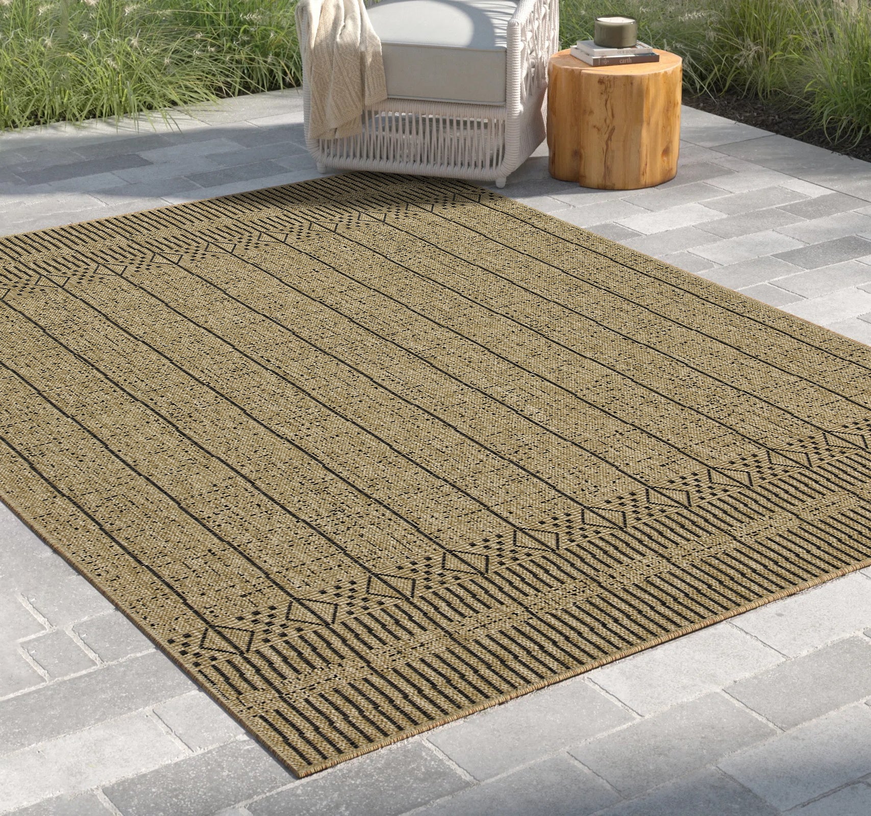 Earth Collection Jute/Black 2'7"x7'3" Indoor/Outdoor Area Rug - Durable Polypropylene, Stain Resistant, Easy Clean, Flatweave for Patios, Decks, Entryways