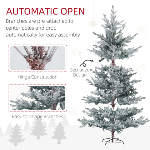 HOMCOM 6ft Snow Flocked Nordic Pine Artificial Christmas Tree - Hinged, Easy Assembly, Flame Retardant Green Xmas Tree with Metal Stand for Indoor Holiday Home & Office Decor