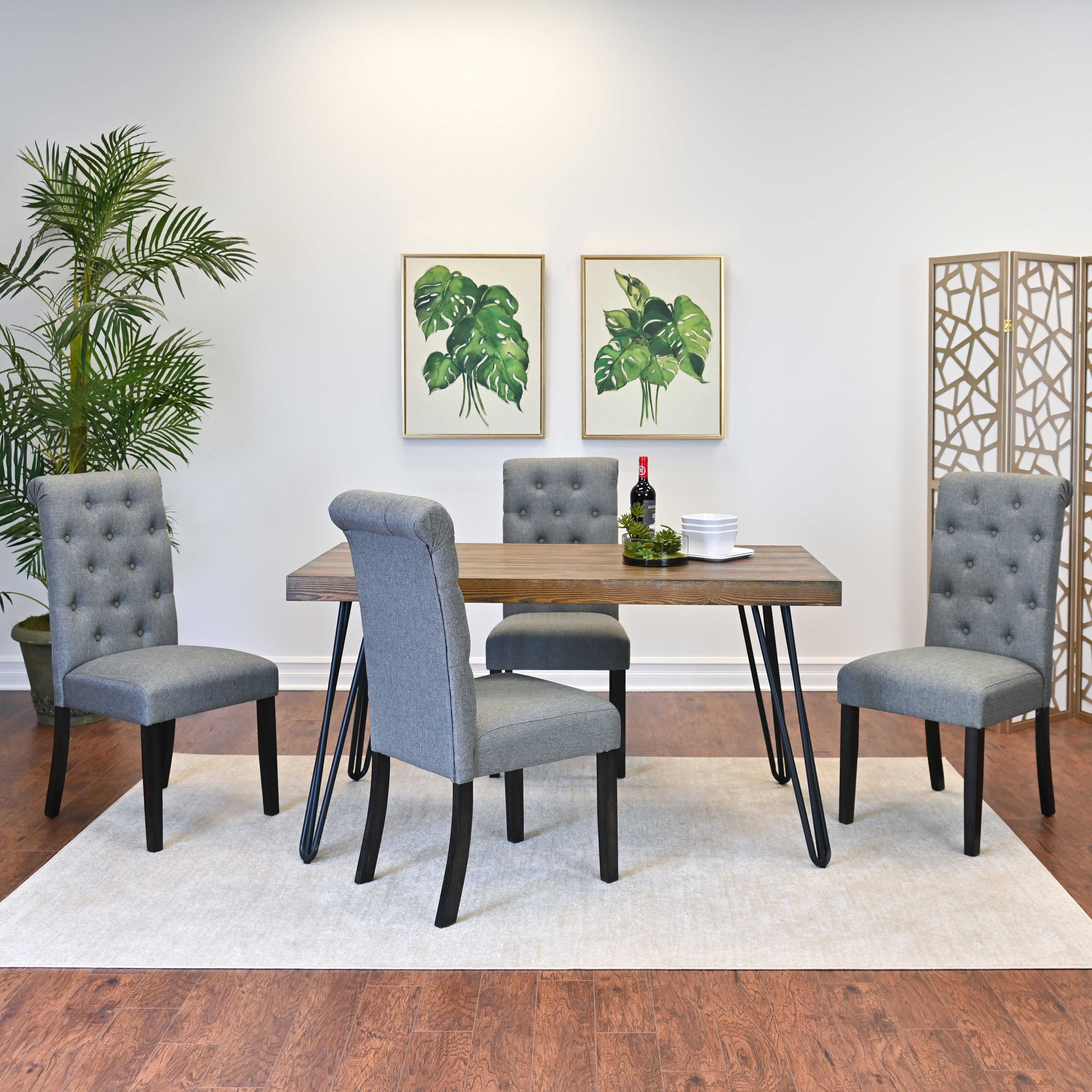 Ashford 5-Piece Rustic Dark Pine Dining Set: Hairpin Metal Table (33"W x 60"D) & 4 Button-Tufted Chairs, Seats 4, Perfect for Dining Rooms, 4 Color Options