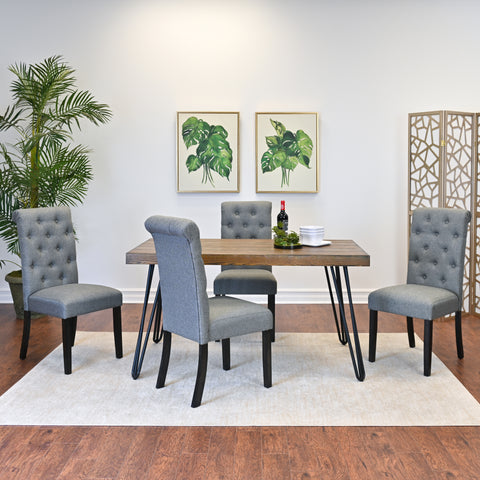 Ashford 5-Piece Rustic Dark Pine Dining Set: Hairpin Metal Table (33"W x 60"D) & 4 Button-Tufted Chairs, Seats 4, Perfect for Dining Rooms, 4 Color Options