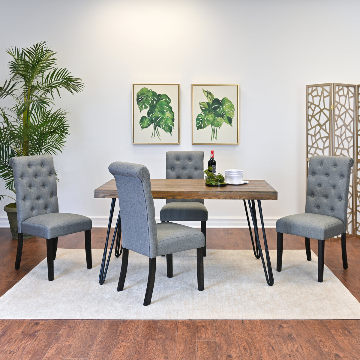 Ashford 5-Piece Rustic Dark Pine Dining Set: Hairpin Metal Table (33"W x 60"D) & 4 Button-Tufted Chairs, Seats 4, Perfect for Dining Rooms, 4 Color Options