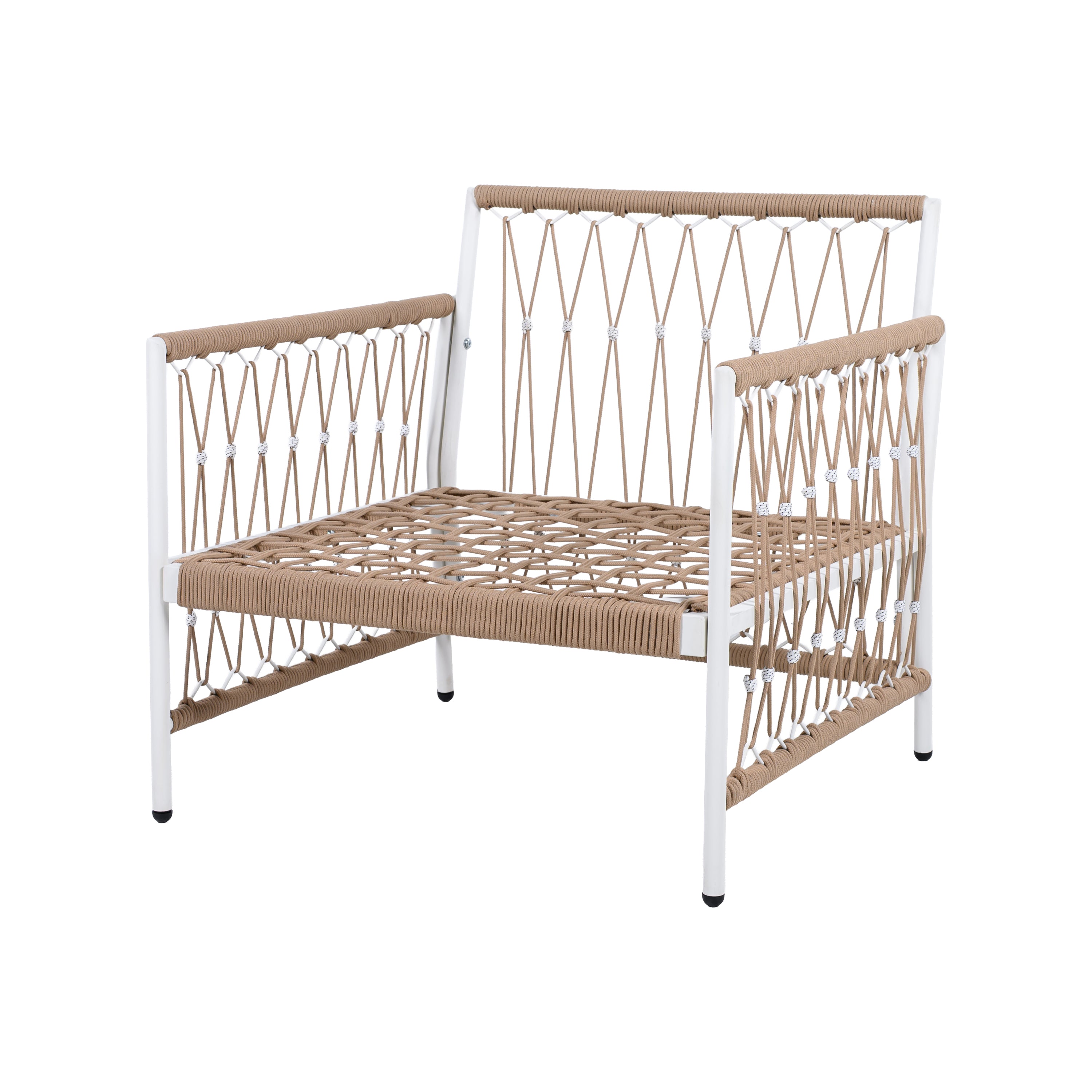 Boho 3-Piece Outdoor Furniture Set: 2 Lounge Chairs & Glass Side Table | Handwoven Rope, Powder-Coated Steel | Waterproof Cushions | Patio, Garden, Poolside Relaxation