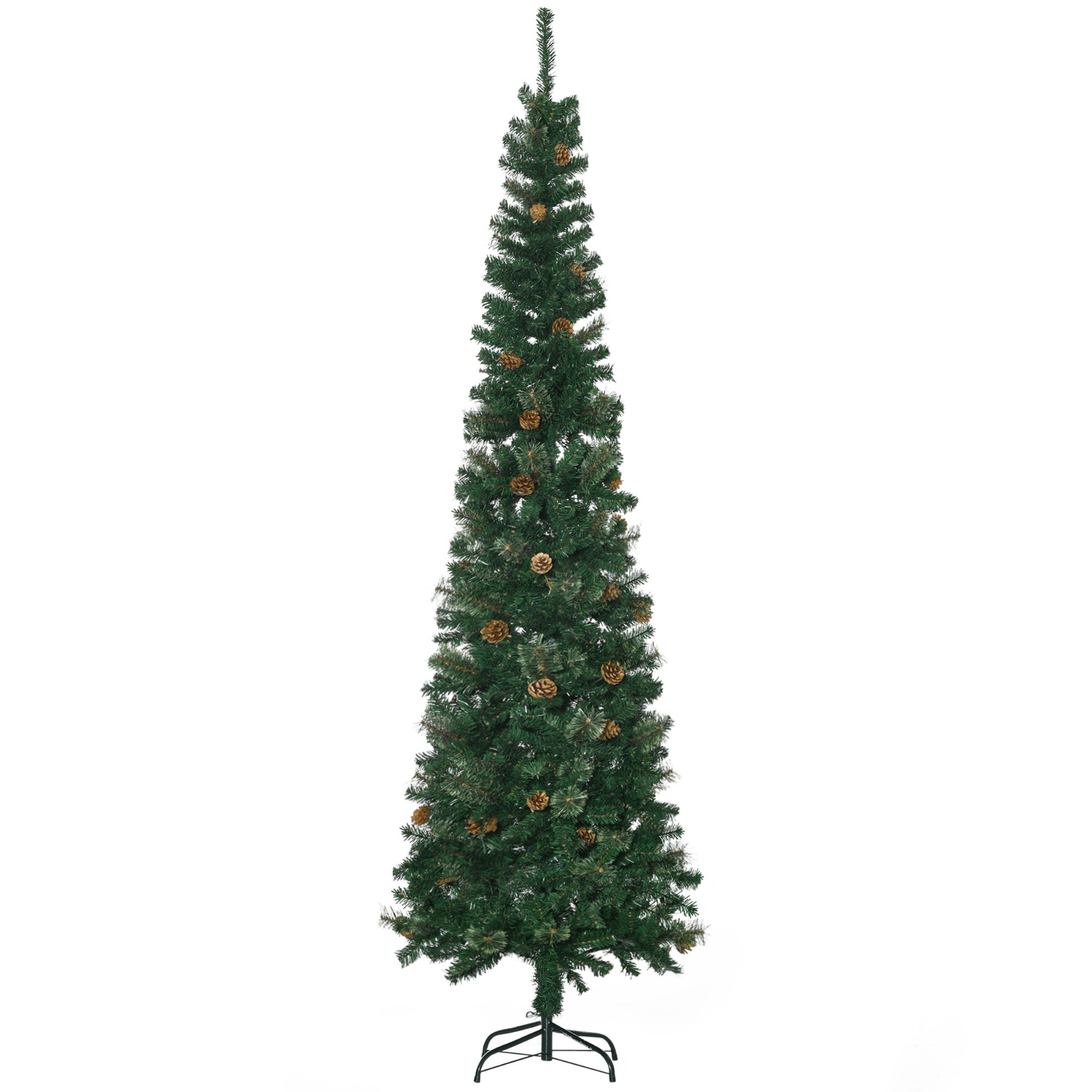 HOMCOM 7.5ft Slim Pencil Artificial Christmas Tree, Realistic Pine Needles & Cones, Flame Retardant Green Xmas Tree with Sturdy Metal Base for Home & Fireplace Decor